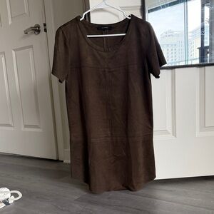 Olivaceous Dark Brown Short-Sleeve Suede Shift Dress